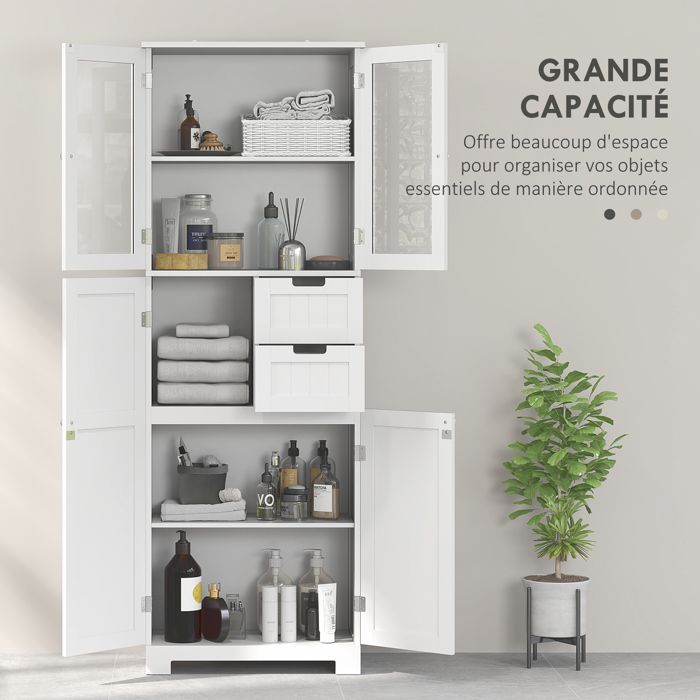 Meuble haut de rangement - HOMCOM - armoire avec portes vitrées et étagères réglables pour salle de bain, cuisine, salon - blanc