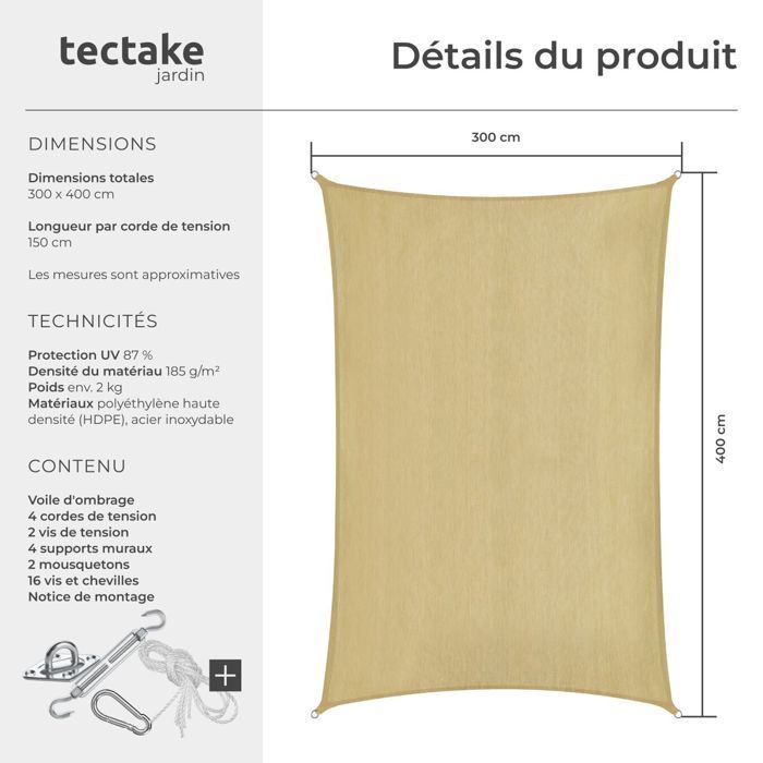Voile d'ombrage - TECTAKE - Protection solaire SUNNY extérieur en HDPE indéchirable avec protection UV imperméable 3x4m - Sable