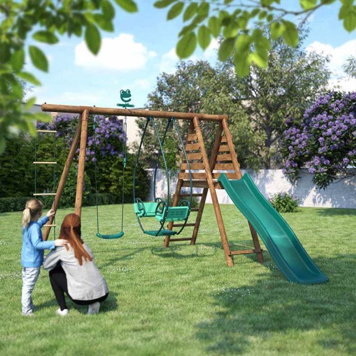 Portique en bois rond 3 agrès avec face à face, échelle et toboggan LAVANDE