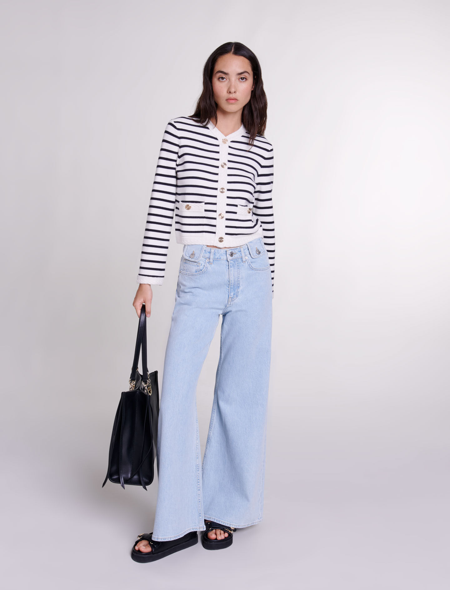 Cardigan tricotat cu dungi - Bleumarin / Ecru