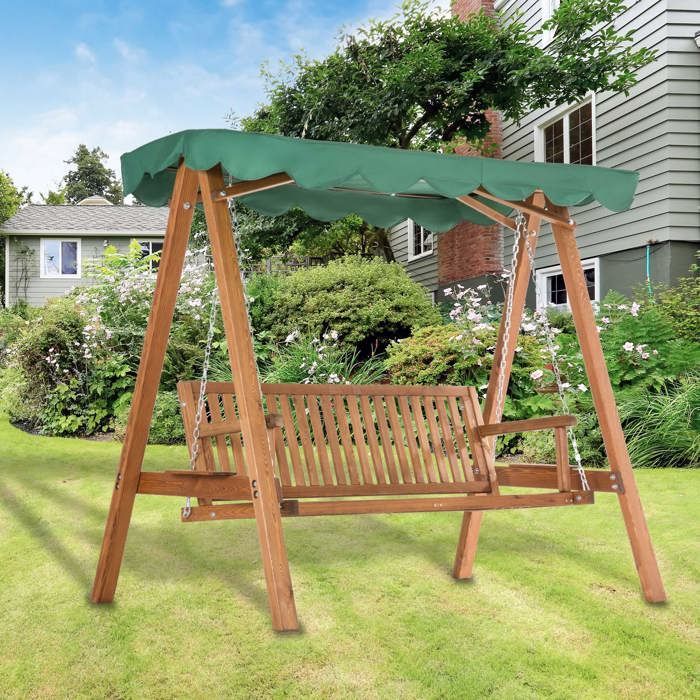 Balancelle de jardin - Outsunny - 3 places toit imperméabilisé 2 tablettes support charge 360 kg - bois pin - 1,9x1,3x1,85m - vert