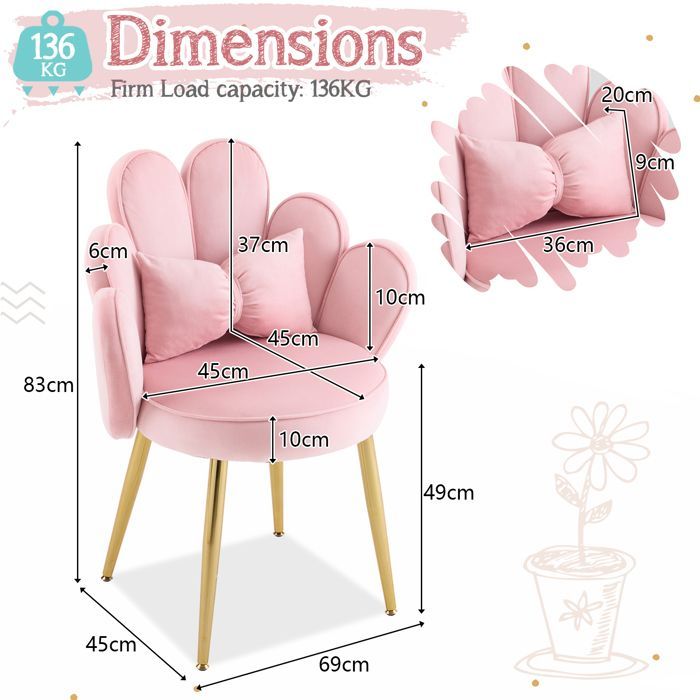 Fauteuil de Salle à Manger pour Cuisine-Salon-Bureau avec oreiller, 65×55×83,Rose