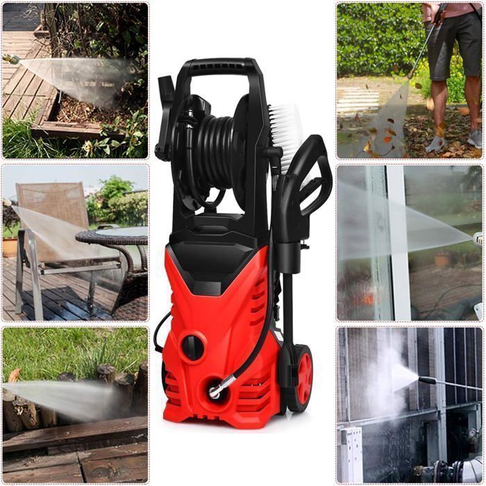 Hidrolimpiadora de alta presión COSTWAY de 1500 W y 140 bares con manguera flexible de 5 m, 300 l/h, boquilla Lotus, boquilla de alta presión y depósito de jabón rojo.