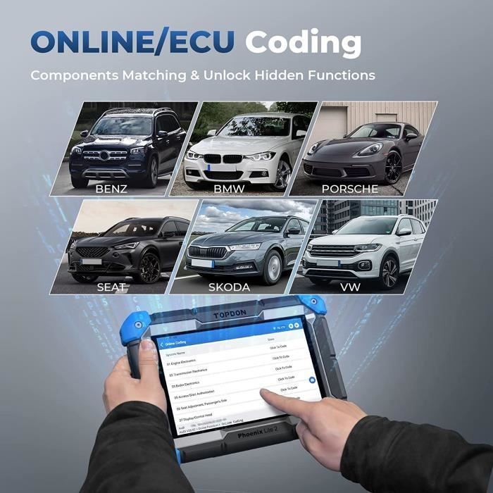 Ferramenta de diagnóstico automotivo TOPDON Phoenix Lite 2, controle bidirecional, codificação de ECU, diagnóstico de casos 34+, redefinição de serviços em francês.