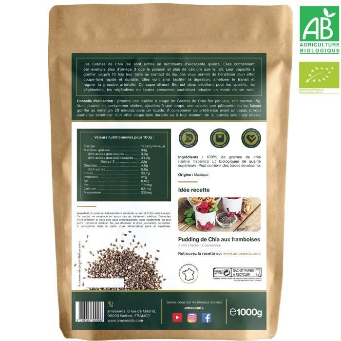 Graines de Chia Bio 1kg - Qualité Supérieure - amOseeds - Le Spécialiste des Super-aliments Bio