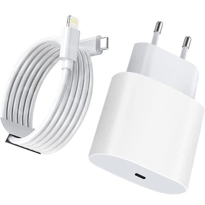 Chargeur Rapide 20W - USB C vers Lightning - 2m - Compatible iPhone/iPad - Bloc de charge
