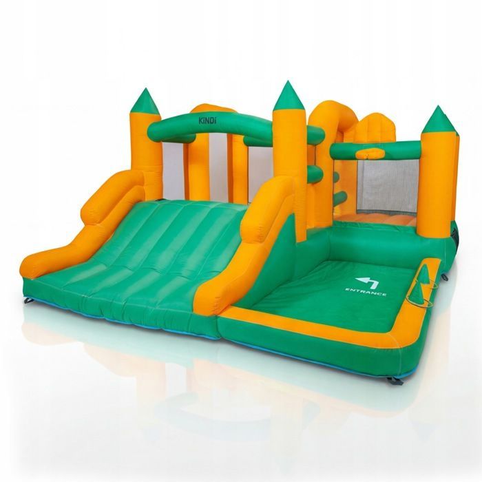 KINDI inflatable children's play area with large castle, basket, blower, and slide set