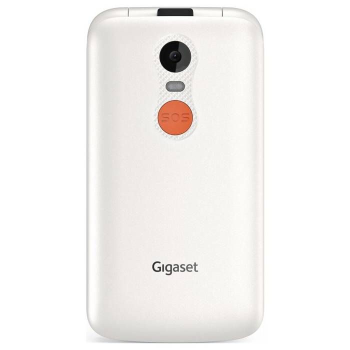 Celular Gigaset GL595 com botão SOS, resistente a respingos e poeira, branco.