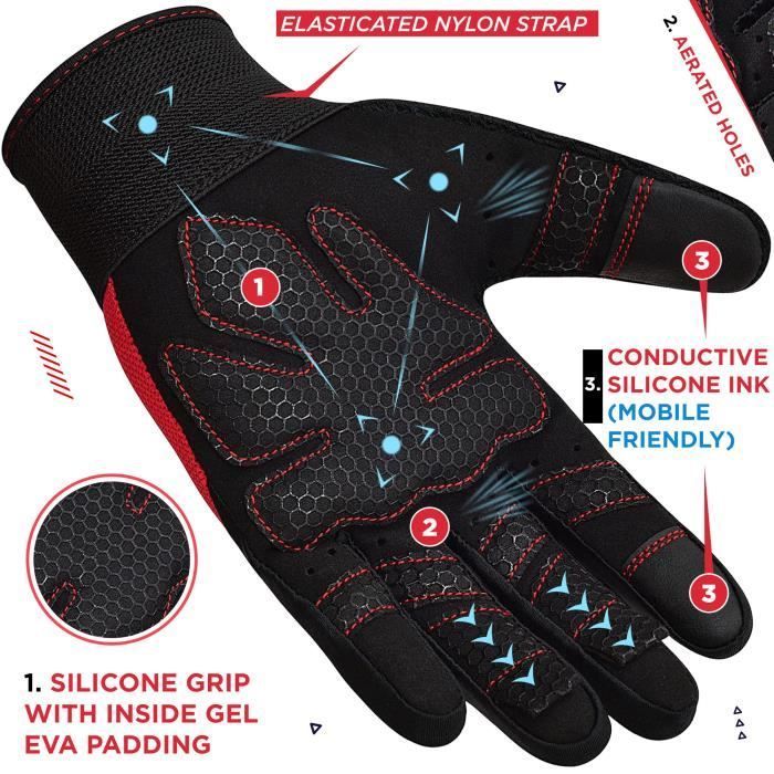 Gants de musculation RDX à doigts complets - Rouge - Protection paume adhérence halterophilie rembourrée