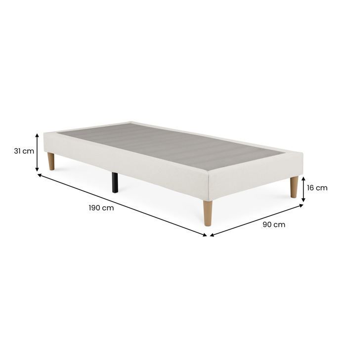 Base de cama tapizada PAIMPOL de 90 x 190 cm, estructura de madera y tapizado de tela blanco crema, estructura de cama con patas.