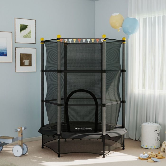 HOMCOM Children's Trampoline Ø 1.40 × 1.90H m Safety Net Zipped Door Spring Covers 6 Padded Poles Included Black
