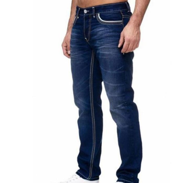 Pantalones vaqueros clásicos informales de corte regular para hombre, color liso - Azul oscuro