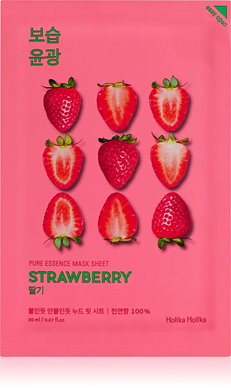 máscara facial Holika Holika Pure Essence Strawberry Brightening Sheet Mask uniformiza o tom da pele.