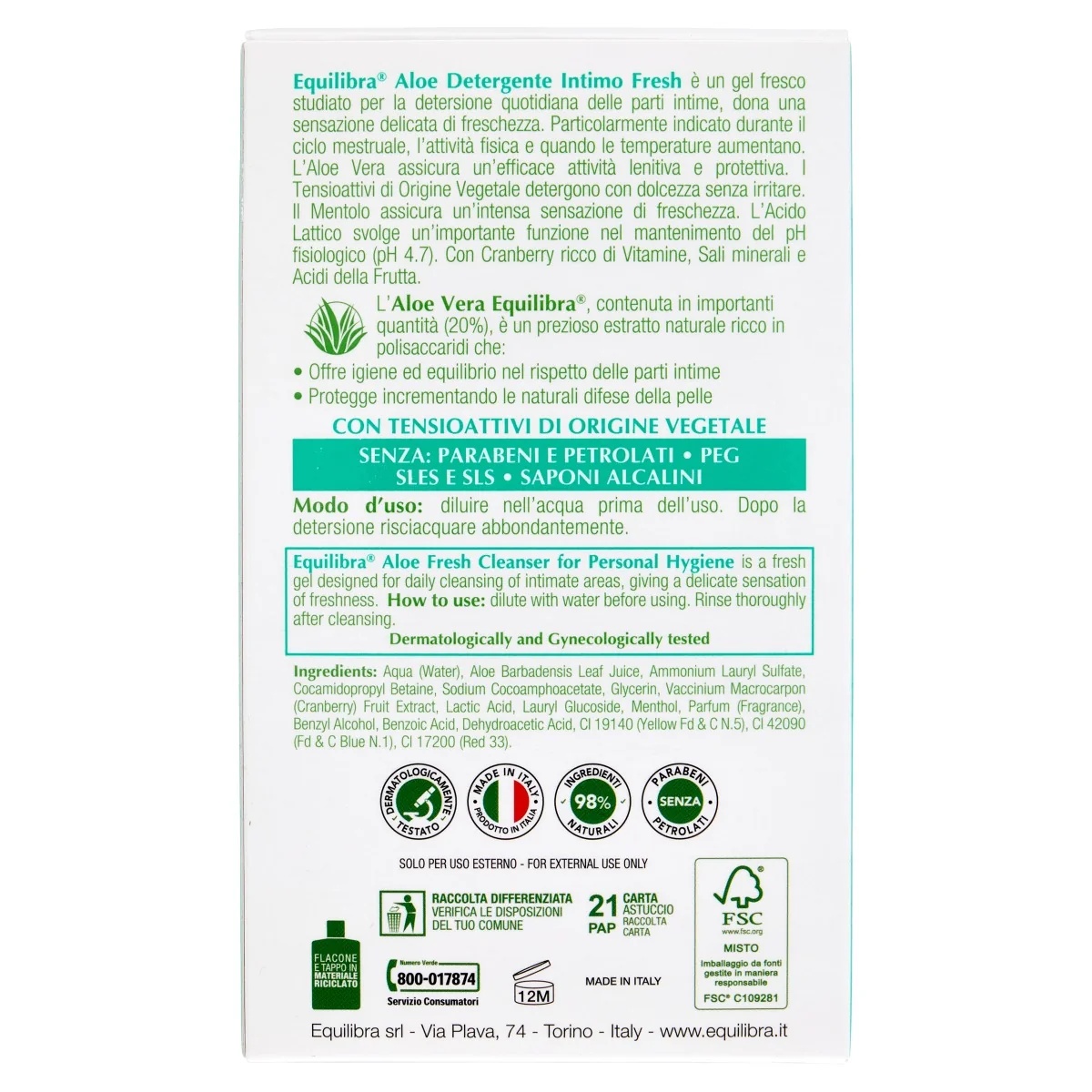 EQUILIBRA Equilibra Aloe Fresh intiimpuhastusvahend 200 ml võitleb lisanditega