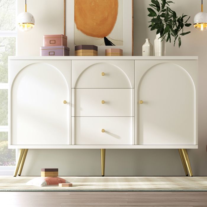 MODENUIT Cassettiera 140x40x84 cm con 3 cassetti, 2 ante, ripiano regolabile, legno bianco