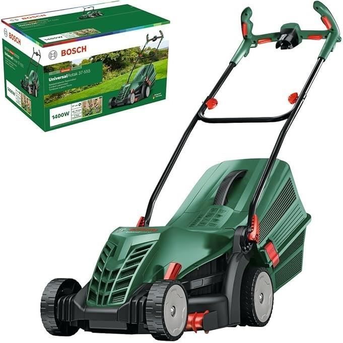 Cortacésped eléctrico Bosch Universal Rotak 37-555 (motor de 1400 W, ancho de corte de 37 cm, recogedor de césped de 40 L)