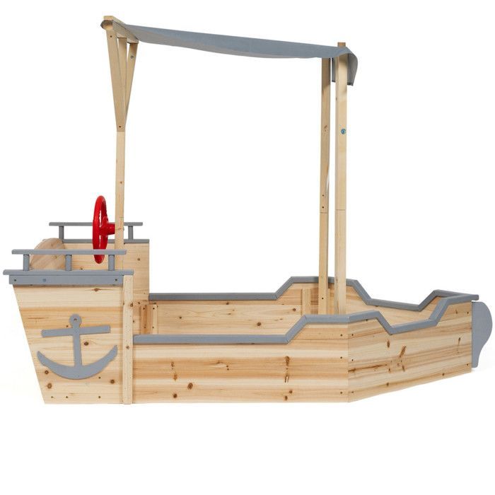 Arenero de madera con forma de barco pirata de IDMARKET WORLD con banco, caja de almacenamiento y techo gris.