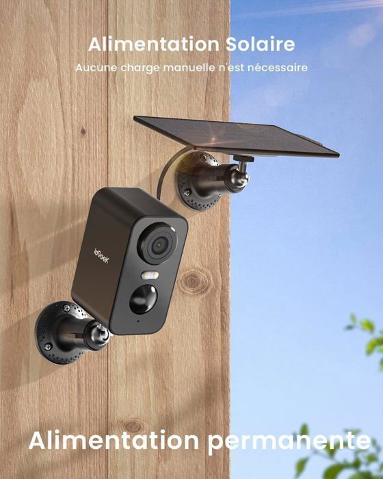 Câmera de segurança externa sem fio ieGeek 2K com energia solar e Wi-Fi, visão noturna colorida, detecção de movimento por IA e áudio.