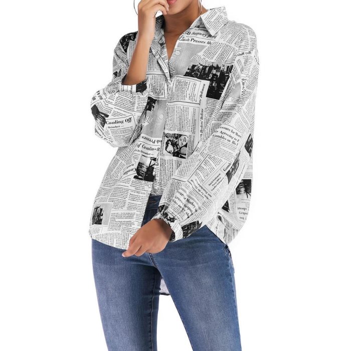 Camicetta da donna con stampa a giornale, ampia, con colletto risvoltato, maniche lunghe, top casual, Blusa 5