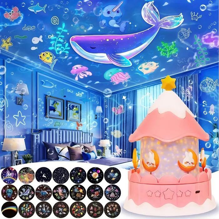 Veilleuse LED pour enfants, Projecteur ciel etoile, 21 films avec rotation à 360° et Luminosité réglable - rose