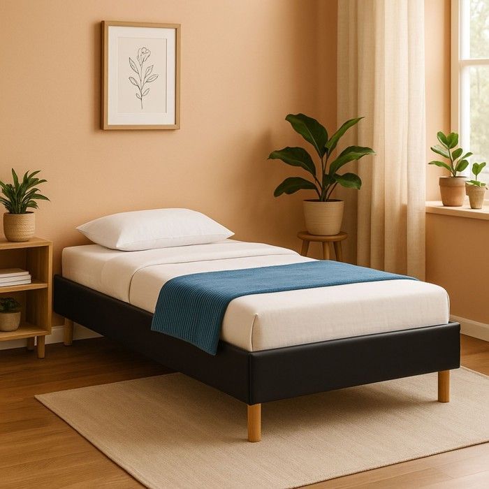 Adrien - Stevige en comfortabele zwarte gestoffeerde bedbodem met poten van 20 cm voor matrassen van 90x190 cm - 13 latten - Montage vereist