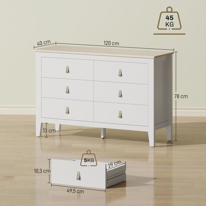 Chest of drawers - HOMCOM - 6 drawers - contemporary style - with polyurethane handles - 120 x 40 x 78 cm - white