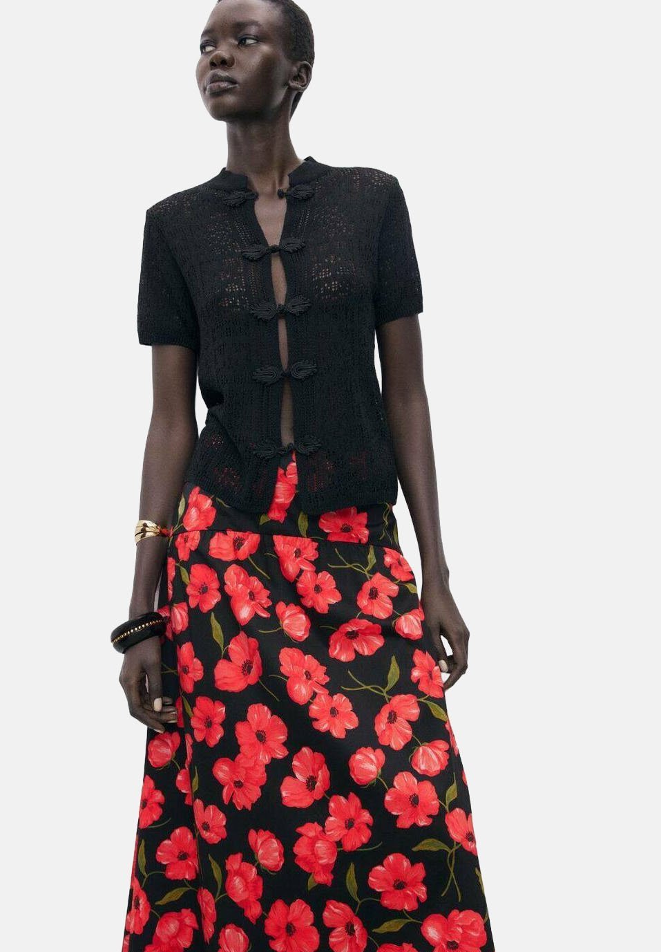Mango FLORAL-PRINT FLARED  - A-line skirt - black