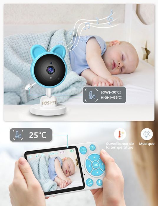FOSMET Baby Monitor, 4X Zoom, 2.4GHz Two-Way Communication, Lullaby, Night Vision, VOX, Temperature Sensor, Blue
