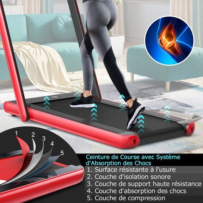 Cinta de correr plegable COSTWAY de 0,75 CV, doble pantalla LED, control por aplicación y mando a distancia, velocidad motorizada de 12 km/h, superficie de carrera de 40 x 100 cm, color rojo.