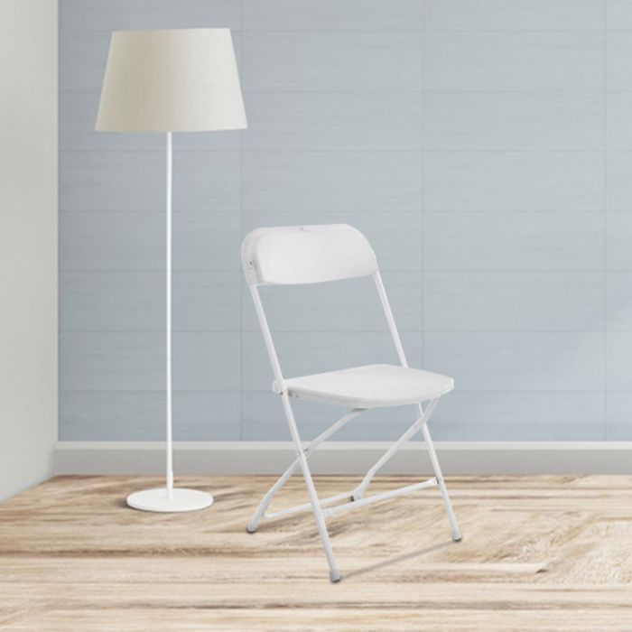 Juego de 20 sillas plegables de plástico blanco, portátiles y apilables, para uso comercial en interiores y exteriores, con estructura de acero.