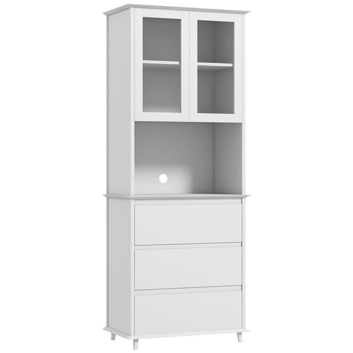 Aparador de cocina HOMCOM, mueble de almacenamiento con 2 puertas, 3 cajones y un nicho central, dimensiones 68 cm de largo x 38 cm de ancho x 172 cm de alto, MDF blanco.