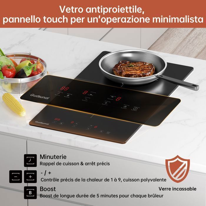 Piano cottura a induzione Gudsunal Domino, 2 bruciatori integrati, 3600 W, riscaldamento a bassa potenza, funzione Boost, 9 livelli di potenza.