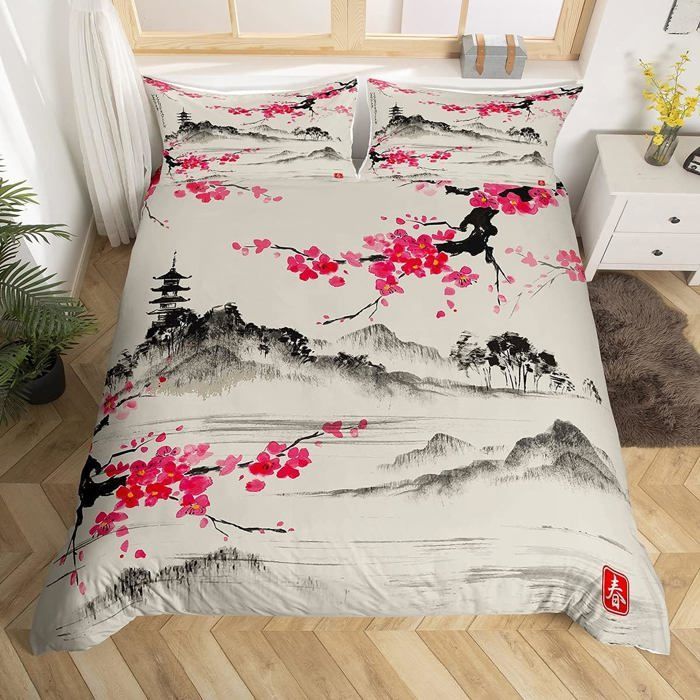 Juego de ropa de cama infantil con estampado de montaña, 140x200cm. Juego de funda nórdica vintage con pintura clásica de montaña.