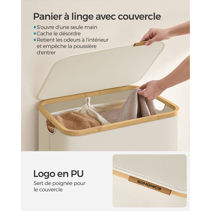 Cesto de ropa con tapa, 2 compartimentos, 130 L, bolsa extraíble, tela Oxford, plegable, 52 x 38,5 x 70,5 cm, blanco crema