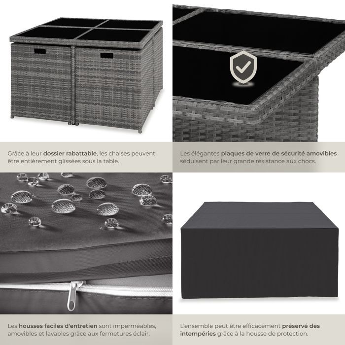 Salon de jardin - TECTAKE - Ensemble détente repas d'extérieur MANHATTAN 8 personnes pliable et encastrable résistant - Gris