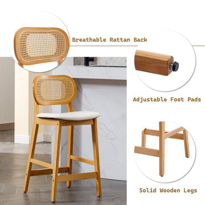 Wahson barkrukken set van 4, houten en rieten barkrukken met waterdichte kussens voor de keuken, kunstleer, wit