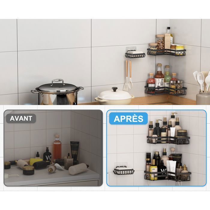 Étagère de Douche, 3PCS Étagère Accessoires Salle de Bain sans Perçage - avec Crochet - Acier inoxydable - Capacité portante 20KG