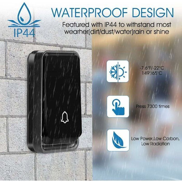 Timbre inalámbrico - PZCC - Negro - 2 receptores - Alcance de 152 metros - Resistente a la intemperie