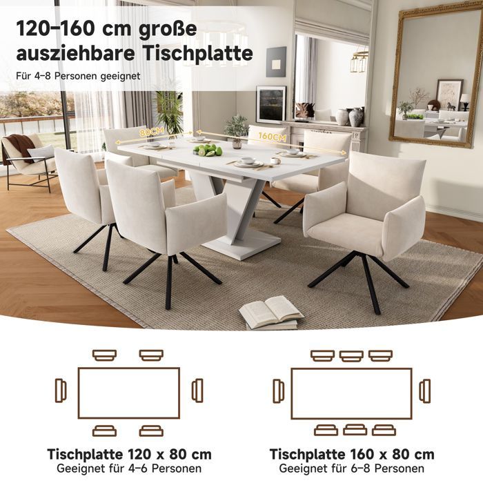 Mesa de comedor extensible de 120/160 x 80 x 75 cm, patas en forma de V, estilo sencillo, apta para 4 a 6 personas, color blanco.