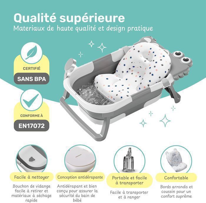 Bañera plegable para bebés con cojín, termómetro integrado y orificio de drenaje para bebés de 0 a 36 meses - Gris