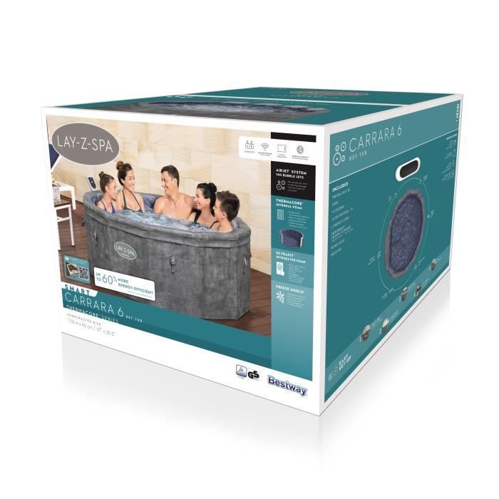 Spa gonflable BESTWAY - Lay-Z-Spa Carrara - 140 airjets - 170 x 65 cm - 4 à 6 places - Rond (couverture, cartouche, 4 appuie-tête)
