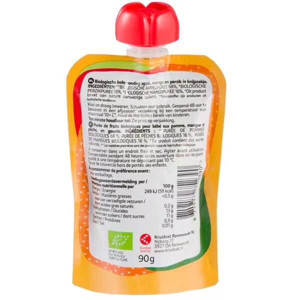 Kruidvat 6+M Organické mango-broskyňa s jablkom, lisované vrecko<br>90g