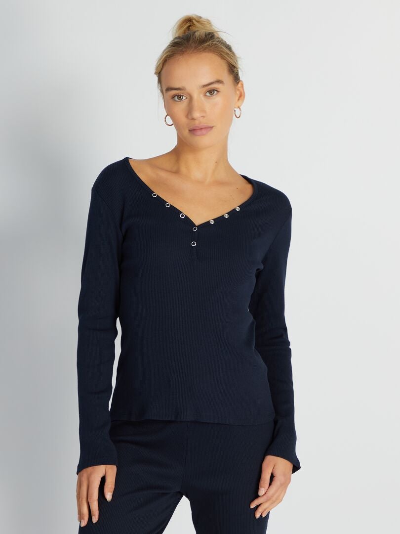 Geribbeld gebreid pyjama-T-shirt - BLAUW