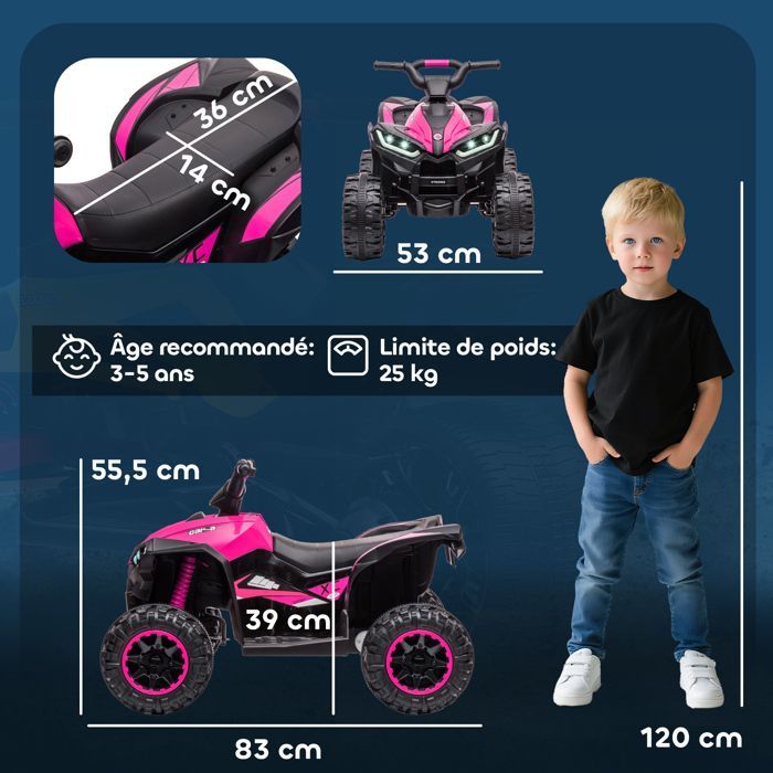 Quad eléctrico infantil - HOMCOM - 12V, 2 motores, 2 velocidades (3-6 km/h), faros LED, claxon, asiento ergonómico - Rosa
