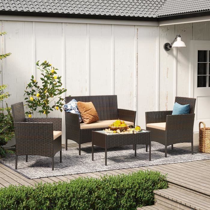 Conjunto de muebles de jardín para exteriores SONGMICS, superficie tejida de PE, mesa y sillas, para patio, jardín, balcón, marrón y gris topo GGF004K05