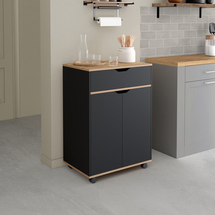 IDMARKET Desserte de cuisine COSY placard avec tiroir bois noir et plateaux façon hêtre L.60 CM