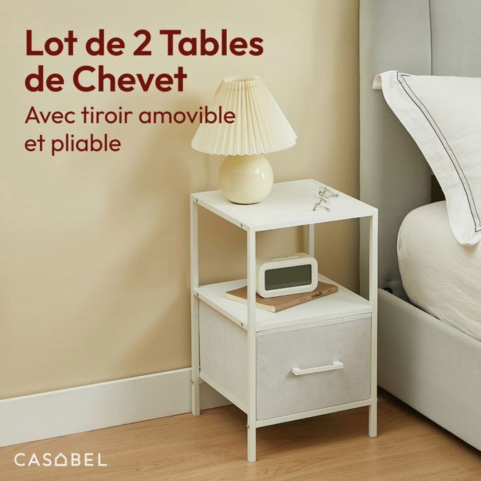 CASABEL Lot de 2 tables de chevet blanches avec tiroir en tissu renforcé, métal et bois, 30×30×50cm, table d’appoint