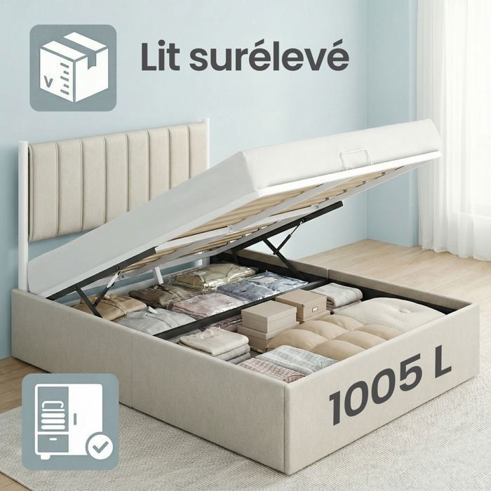 Letto matrimoniale con contenitore, base a doghe sollevabile 160 x 200 cm, struttura letto moderna, camera da letto, facile da montare, beige