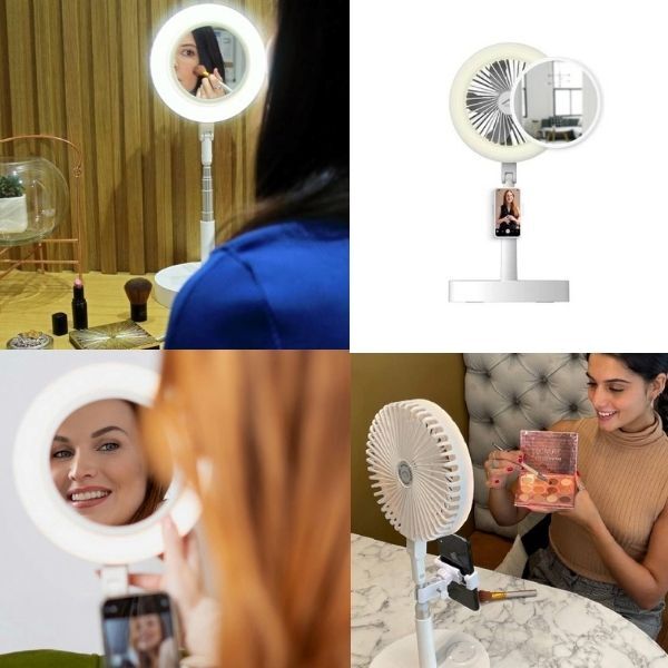 Přenosné kosmetické zrcátko 3 v 1 s chytrým ventilátorem a LED světlem