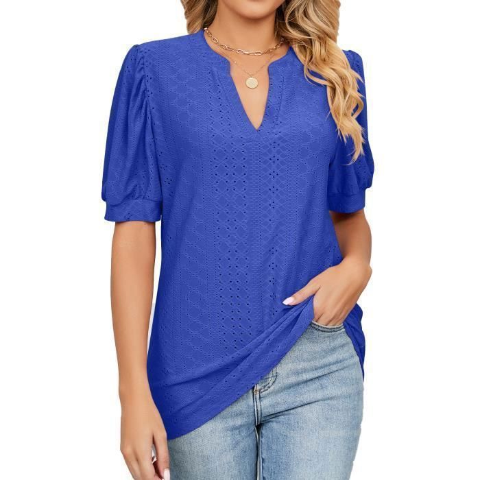 T-shirt Femme Col V Manches courtes Ciselé - Bleu - INSFITY - 65% Rayonne, 30% Polyester, 5% Elasthanne